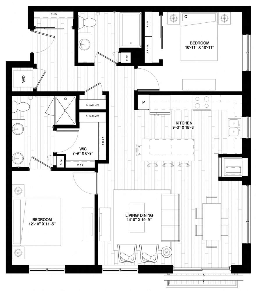 Floor plan for 2 beds, 2 baths, 1146 sqft